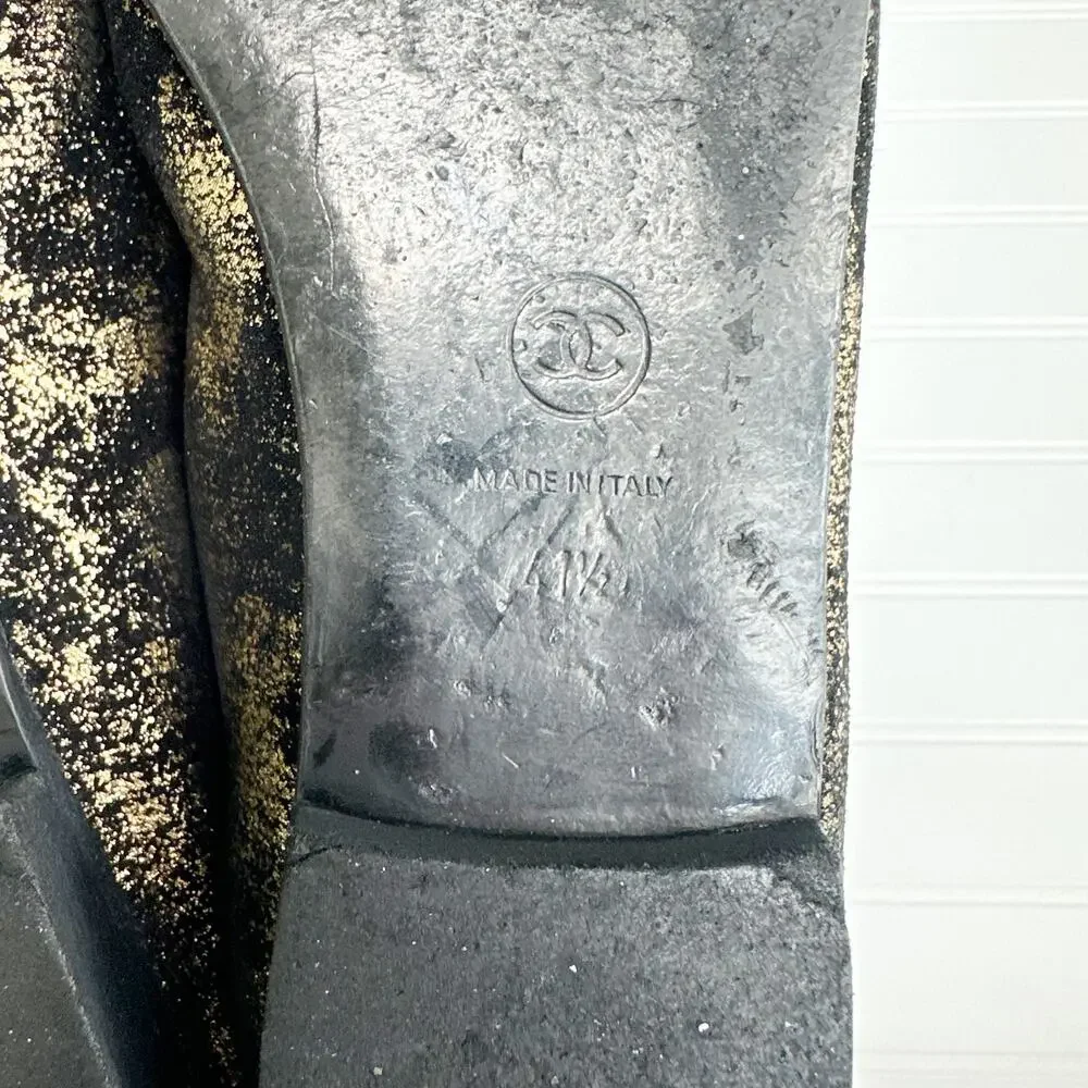 Chanel Ballet Flats Cap Toe CC Black Gold Metallic Suede Leather Ballerina Shoes - Picture 4 of 8